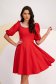 Red Crepe Knee-Length Flared Dress with Pearl Appliqués - StarShinerS 1 - StarShinerS.com