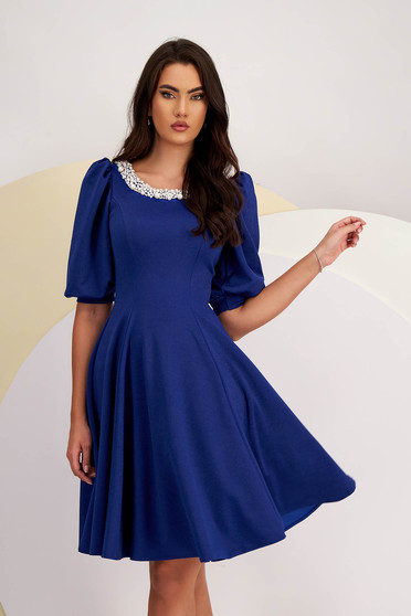 Blue Knee-Length Crepe Dress in A-Line with Pearl Appliques - StarShinerS