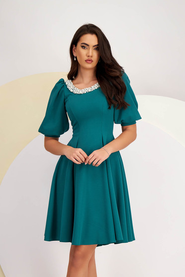 Green Knee-Length Crepe Dress in A-Line with Pearl Embellishments - StarShinerS