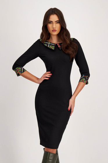 Black midi pencil dress made of punto with collar and digitally printed cuffs - StarShinerS