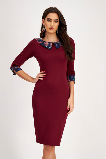 Midi Pencil Dress in Burgundy Punto with Collar and Digital Printed Cuffs - StarShinerS