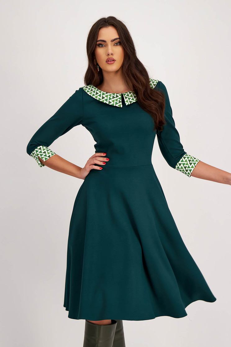 Rochie midi din punto verde-inchis midi in clos cu guler si mansete imprimate digital - StarShinerS