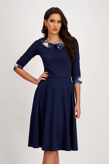 Navy blue punto midi flared dress with collar and digitally printed cuffs - StarShinerS