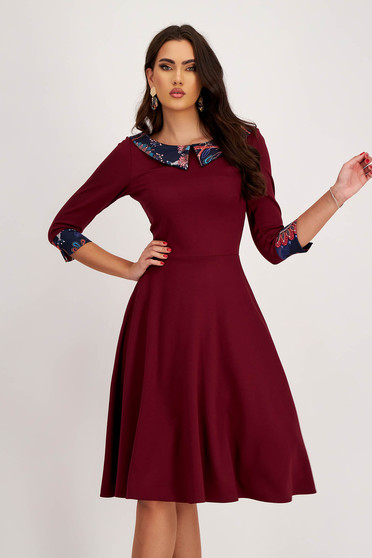 Burgundy midi punto dress in A-line with collar and digitally printed cuffs - StarShinerS