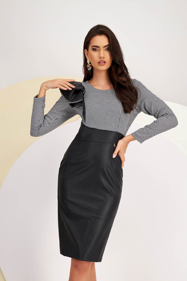 Eco-leather and black fabric midi pencil dress with houndstooth print - StarShinerS