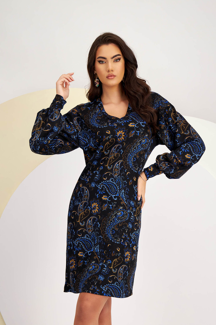 Rochie cu imprimeu abstract din tricot cu un croi drept si maneci bufante - StarShinerS