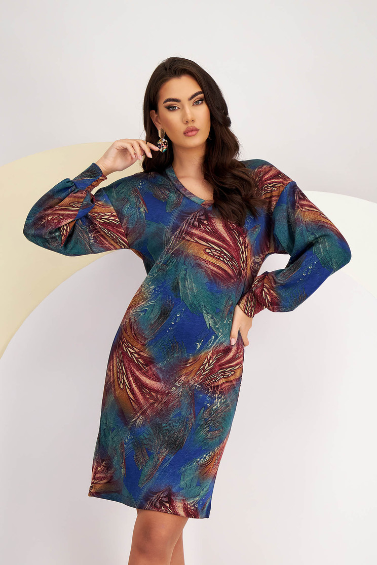 Rochie cu imprimeu abstract din tricot cu un croi drept si maneci bufante - StarShinerS