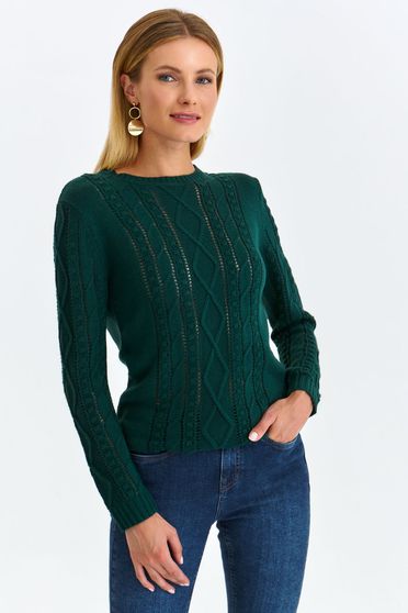 Pulovere dama, Pulover din tricot verde-inchis cu un croi pe corp si model in relief - Top Secret - StarShinerS.ro