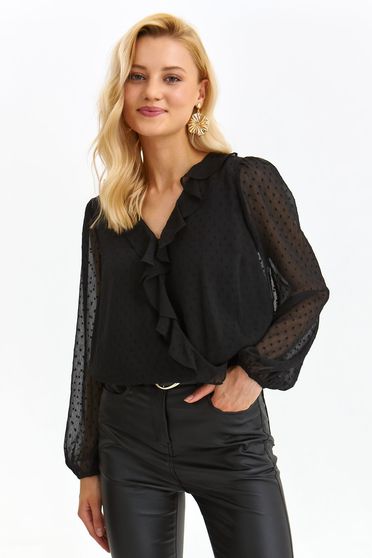Black women`s blouse from veil fabric plumeti loose fit with puffed sleeves