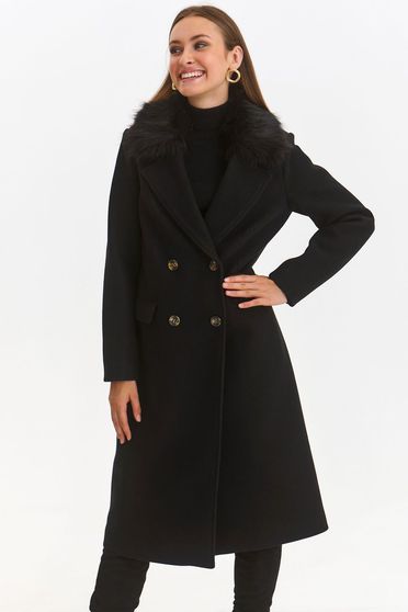Paltoane dama online, Palton din stofa negru cu un croi drept si guler detasabil din blana ecologica - Top Secret - StarShinerS.ro
