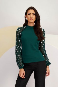 Women's Dark Green Crepe Fitted Blouse with Long Puff Sleeves - StarShinerS