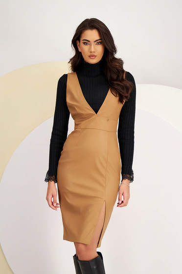 Nude Faux Leather Pencil Dress with V-neck and Leg Slit - StarShinerS