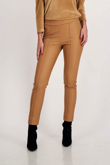 Pantaloni skinny,  marimea XL, Pantaloni din piele ecologica nude conici cu talie inalta - StarShinerS - StarShinerS.ro