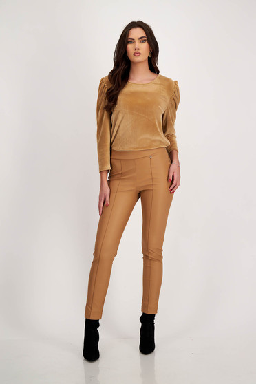Trousers, High-Waisted Tapered Nude Faux Leather Pants - StarShinerS - StarShinerS.com