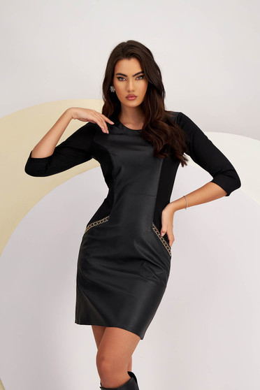 Black Faux Leather Short Pencil Dress with Side Pockets and Metallic Applications - StarShinerS