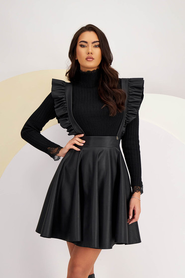 Black Faux Leather Suspender Skirt in Short Flared Design - StarShinerS