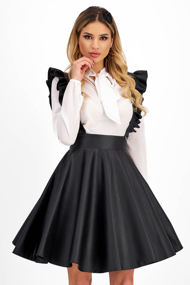 Skirts, Black Faux Leather Suspender Skirt in Short Flared Design - StarShinerS - StarShinerS.com