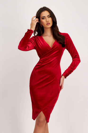 Red Velvet Pencil Dress with Crossover Neckline - StarShinerS
