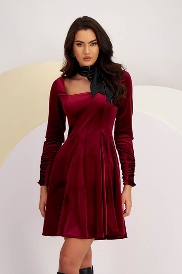 Online Dresses, Velvet Cherry Short A-line Dress with Square Neckline - StarShinerS - StarShinerS.com