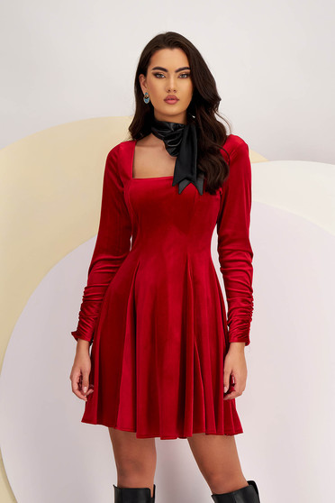 Online Dresses, Red Velvet Short A-Line Dress with Square Neckline - StarShinerS - StarShinerS.com