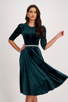 Dark Green Velvet Dress A-Line with Puffed Sleeves and Pearl Embellishments on Drawstring - StarShinerS