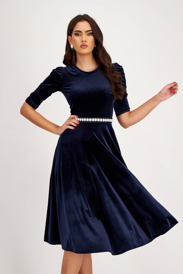 Navy Blue Velvet Dress with Flared Skirt, Puff Shoulders, and Pearl Embellishments on the Tie - StarShinerS