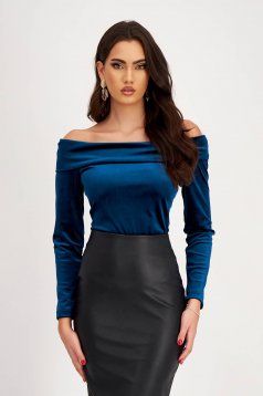 Petrol Blue Velvet Ladies Blouse with a Fitted Cut and Bare Shoulders - StarShinerS