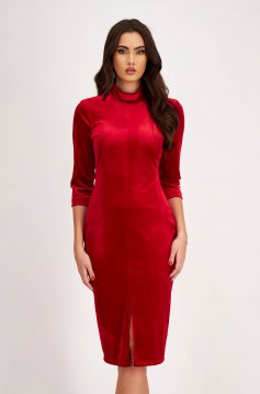 Velvet Red Pencil Dress with High Collar and Front Slit - StarShinerS