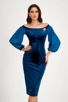Petrol Blue Velvet Pencil Dress with Bare Shoulders and Puff Sleeves in Veil - StarShinerS
