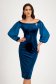 Petrol Blue Velvet Pencil Dress with Bare Shoulders and Puff Sleeves in Veil - StarShinerS 1 - StarShinerS.com