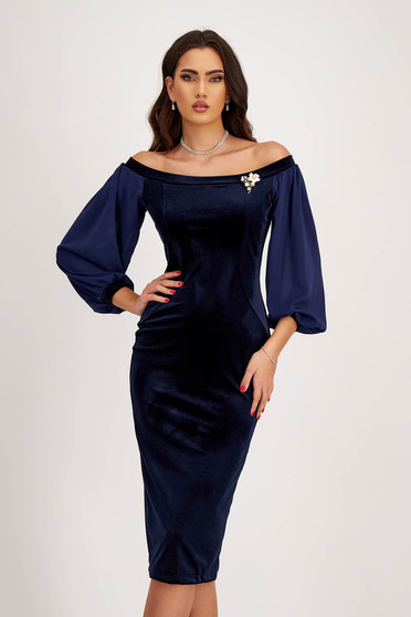 Navy Blue Velvet Pencil Dress with Off-Shoulder and Sheer Puff Sleeves - StarShinerS