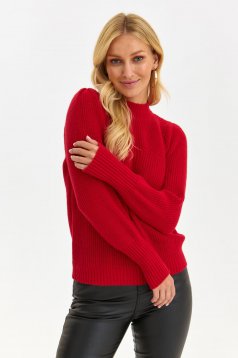 Pulover tricotat rosu cu croi larg si guler inalt - Top Secret