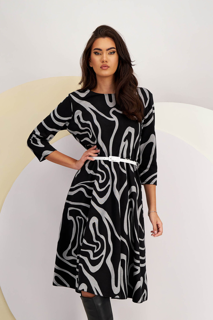 Rochie cu imprimeu abstract din tricot subtire midi in clos cu elastic in talie si accesoriu tip curea - Lady Pandora