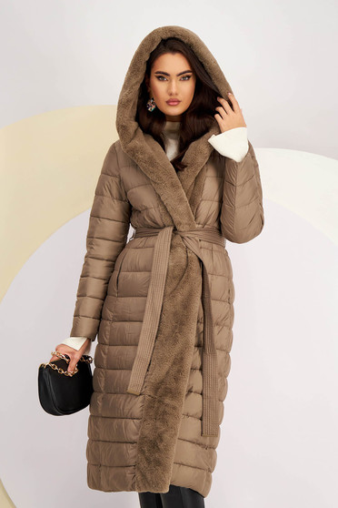 Jackets, Long brown down jacket with a straight cut and faux fur collar - StarShinerS.com