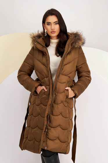 Jackets, Long brown down jacket with a straight cut accessorized with natural fur on the hood - StarShinerS.com