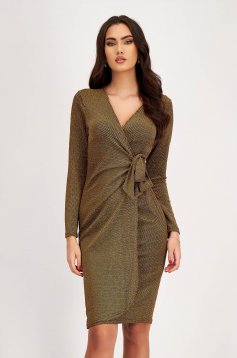 Gold Lurex Pencil Dress with Crossover Neckline - StarShinerS