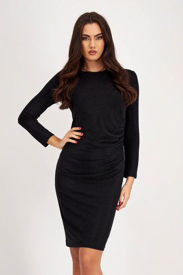 Online Dresses, Black lurex pencil dress with side draping - StarShinerS - StarShinerS.com