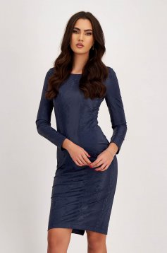 Navy Blue Faux Leather Pencil Dress with Round Neckline - StarShinerS