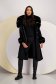 Black cloth coat with a straight cut and detachable faux fur inserts at the collar and cuffs - SunShine 3 - StarShinerS.com