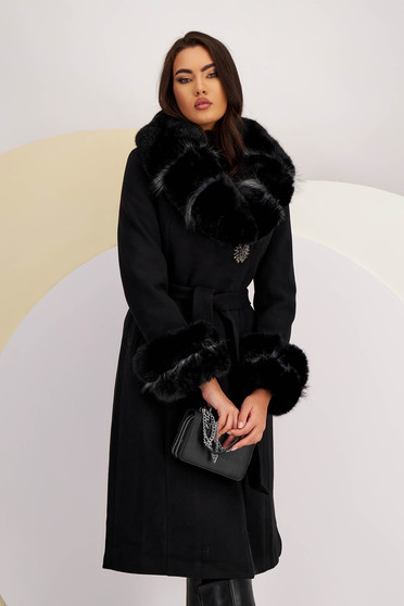 Paltoane dama online, Palton din stofa negru cu un croi drept si insertii de blana ecologica detasabile la guler si mansete - SunShine - StarShinerS.ro