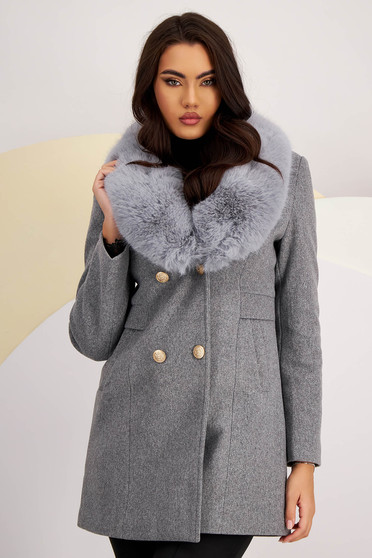 Paltoane dama online, Palton din stofa gri cu un croi drept si guler detasabil din blana ecologica - SunShine - StarShinerS.ro