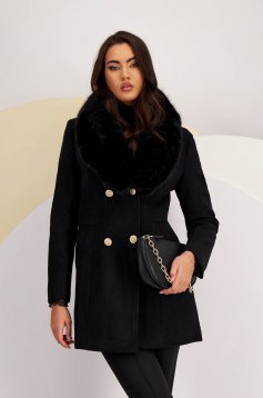 Palton din stofa negru cu un croi drept si guler detasabil din blana ecologica - SunShine