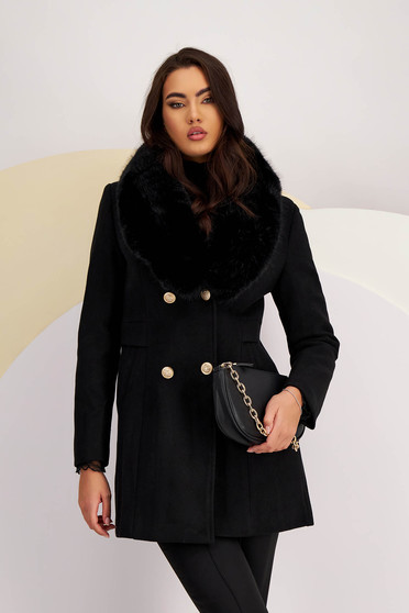 Paltoane dama online, Palton din stofa negru cu un croi drept si guler detasabil din blana ecologica - SunShine - StarShinerS.ro