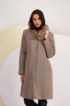 Brown cloth coat with a straight cut and detachable faux fur collar - Lady Pandora