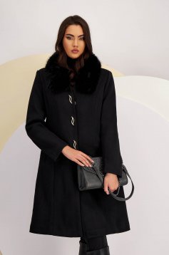 Palton din stofa negru cu un croi drept si guler din blana ecologica detasabila - Lady Pandora
