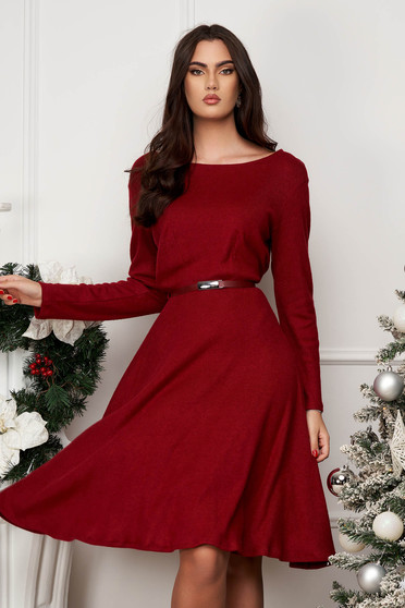 Burgundy Knit A-Line Dress with Elastic Waist and Knee-Length with Belt Accessory - StarShinerS