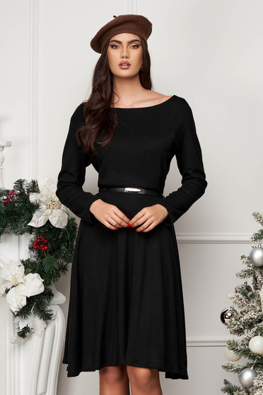 Online Dresses, Black Knitted Skater Dress with Waist Elastic and Belt Accessory - StarShinerS - StarShinerS.com