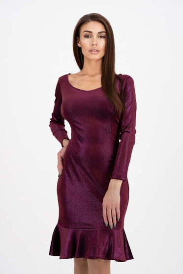 Velvet Dress with Purple Glitter Knee-Length Pencil Type with Ruffle Hem - StarShinerS