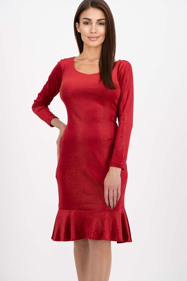 Velvet dresses, - StarShinerS red dress velvet with glitter details knee-length pencil with ruffles at the buttom of the dress - StarShinerS.com