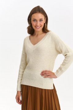 Beige sweater knitted loose fit with v-neckline with sequin embellished details